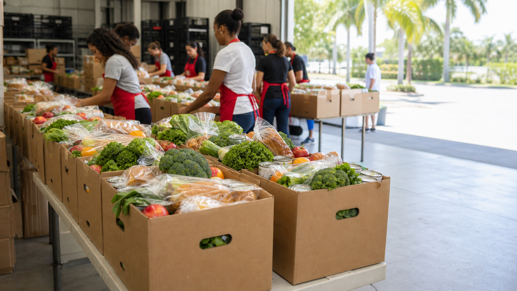 Food boxes and produce prepared for pantry distribution