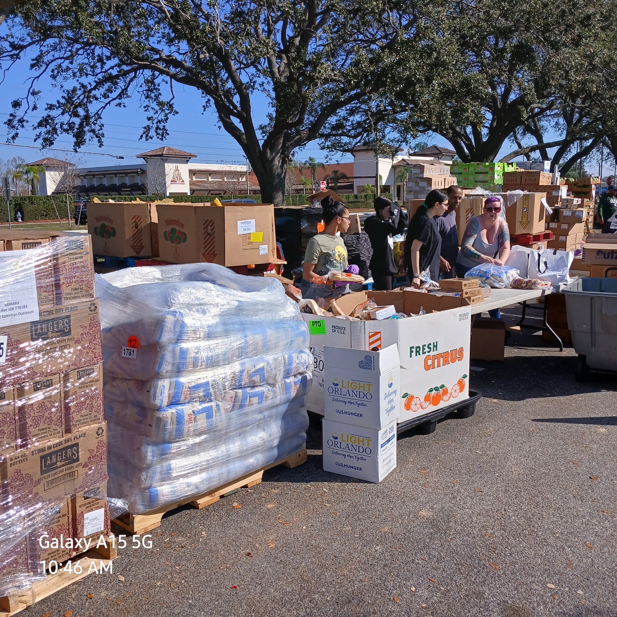 Volunteers sorting groceries at distribution tables