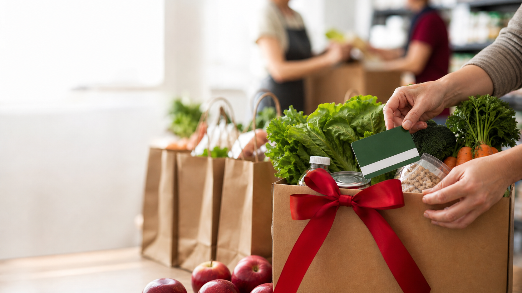 Donation box with pantry groceries and fresh produce