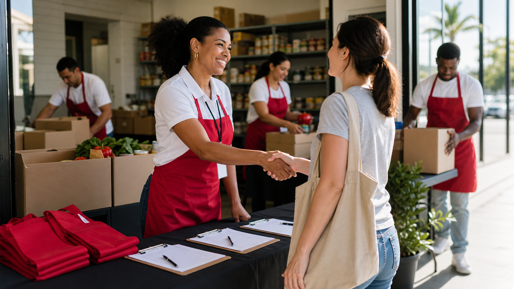 Volunteer welcome table with pantry supplies