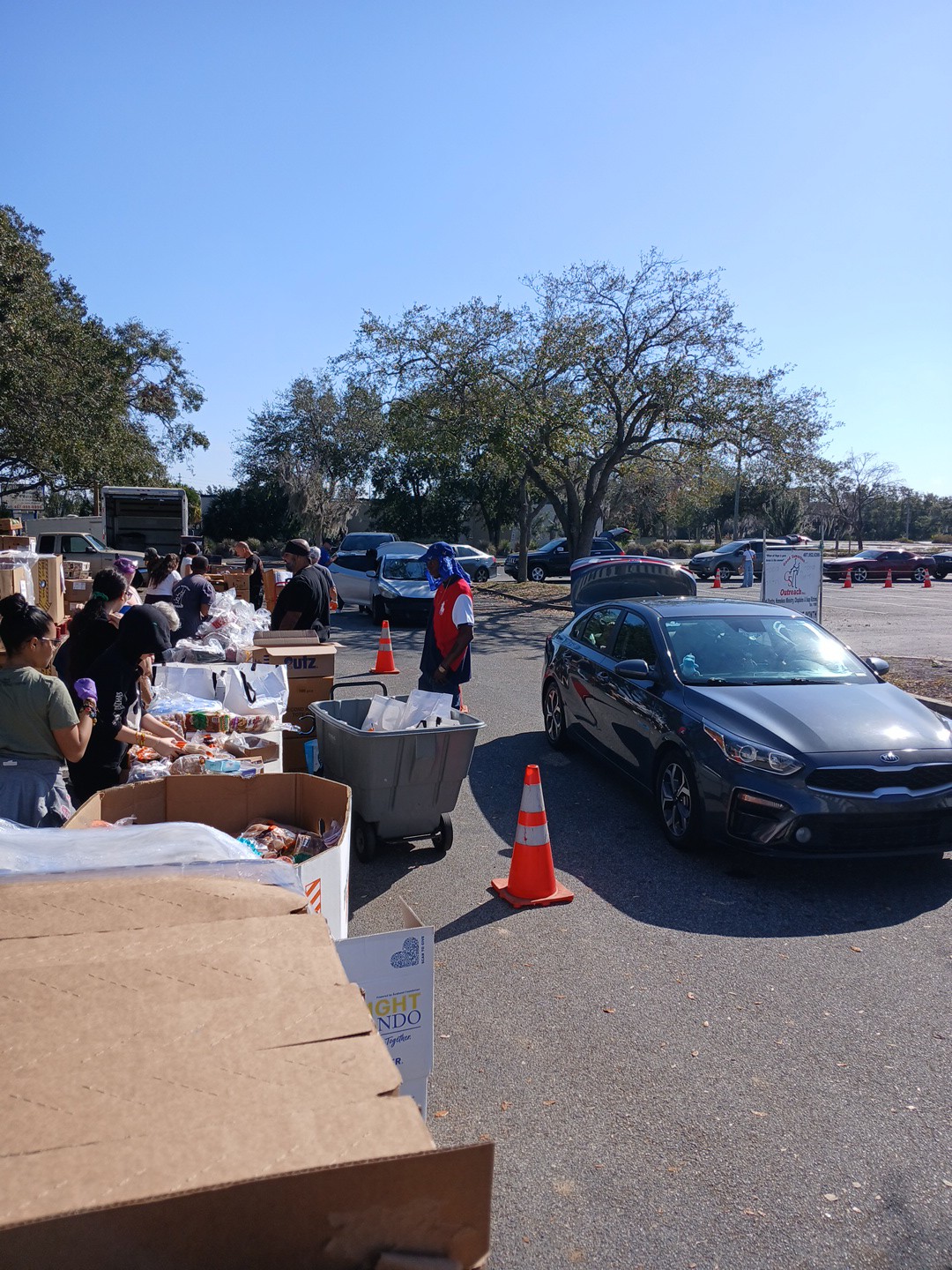Cars lined up during a Good Samaritan Outreach food distribution
