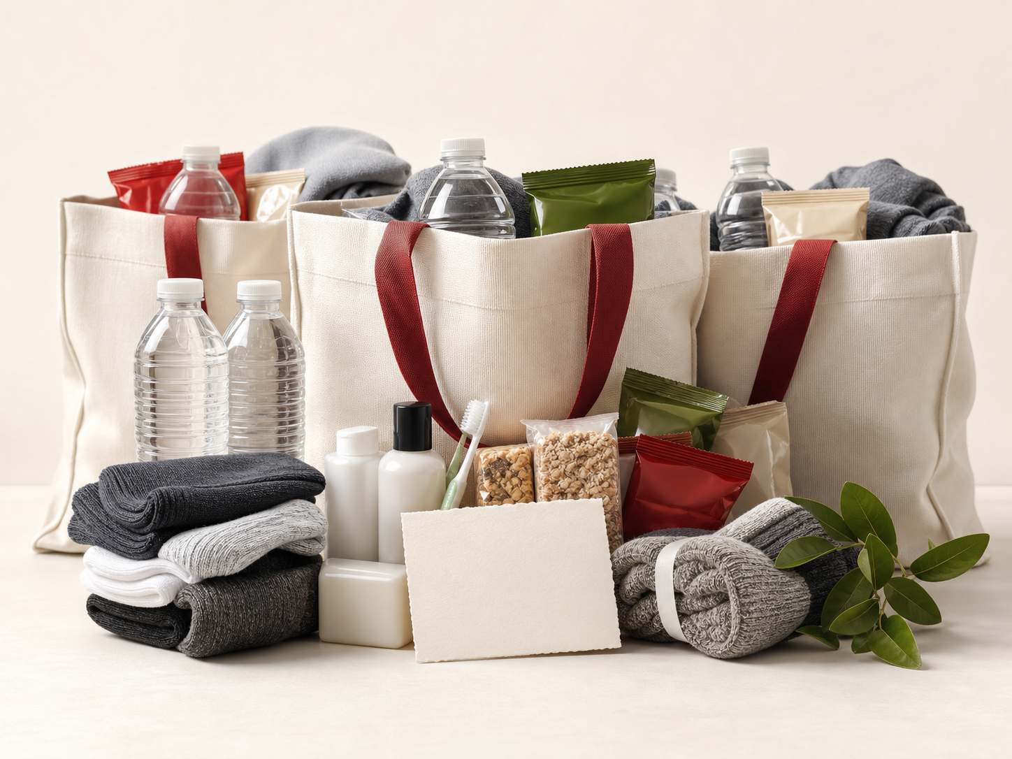 Outreach essentials bags with toiletries, snacks, socks, and water